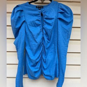 International Concepts bright blue long sleeve slit neck blouse,ruched, Small